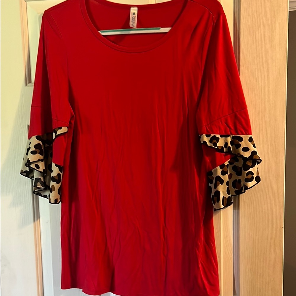 Red Women's Top with Leopard Print Accents